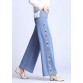 Natural Light Blue Embroideried Pockets Draping Cotton Women's Straight Pants Spring