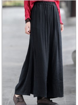 Boho Black Elastic Waist Side Open Double-deck Linen Wide Leg Pants Summer