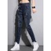 Fitted Navy Elastic Waist Drawstring Zip Up Pockets Flatering Cotton Jeans Spring