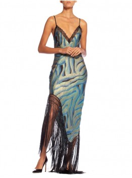 MORPHEW ATELIER Blue & Black Bias Cut Silk Metal Gold Lamé Gown With Antique Fringe