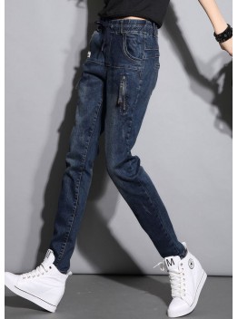Fitted Navy Elastic Waist Drawstring Zip Up Pockets Flatering Cotton Jeans Spring
