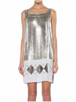 MORPHEW ATELIER Silver & White Metal Mesh Deco Patterned  Cocktail Dress With Side Slits Made From Vintage Whiting Davis