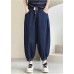 Women Navy Solid Elastic Waist drawstring Pockets Cotton Denim Beam Pants Summer