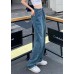 Modern Blue High Waist Draping Pockets Cotton Denim Wide Leg Pants Summer