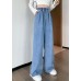 Plus Size Blue Original Design Elastic Waist Pockets Cotton Denim Wide Leg Pants Summer