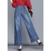 Fitted Navy High Waist Draping Pockets Cotton Denim Wide Leg Pants Summer