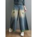 Plus Size Blue High Waist Hole Pockets Tassel Cotton Denim Wide Leg Pants Spring