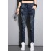 Fitted Navy Elastic Waist Drawstring Zip Up Pockets Flatering Cotton Jeans Spring