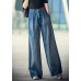 Elegant Denim Blue High Waist Pockets Button Cotton Loose Wide Leg Pants Spring