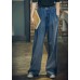 Elegant Denim Blue High Waist Pockets Button Cotton Loose Wide Leg Pants Spring