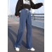 Plus Size Blue Elastic Waist Drawstring Draping Cotton Denim Wide Leg Pants Summer