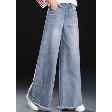 Women Light Blue High Waist Pockets Tassel Cotton Denim Wide Leg Pants Summer