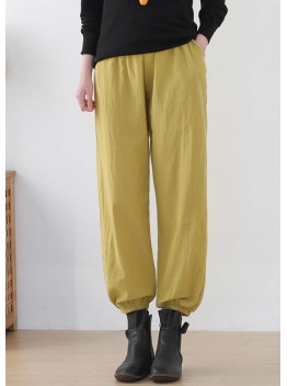 Fashion Ginger Elastic Waist Pockets Linen Harem Pants Summer