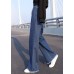 Plus Size Blue Elastic Waist Drawstring Draping Cotton Denim Wide Leg Pants Summer