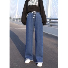 Plus Size Blue Elastic Waist Drawstring Draping Cotton Denim Wide Leg Pants Summer