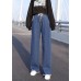 Plus Size Blue Elastic Waist Drawstring Draping Cotton Denim Wide Leg Pants Summer