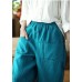 Fashion Peacock Blue Elastic Waist Patchwork Linen Harem Pants Summer