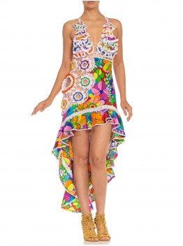 MORPHEW ATELIER Rainbow Nylon Hand Crocheted Cocktail Dress Made From 1960'S Psychedelic Fabric