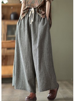Small Plaid Loose Linen Wide Leg Pants Drawstring Summer