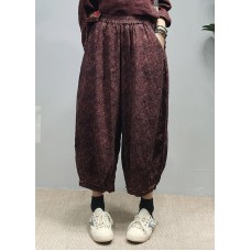 Handmade Red elastic waist pocket Print Linen lantern Pants Spring