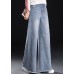 Women Light Blue High Waist Pockets Tassel Cotton Denim Wide Leg Pants Summer