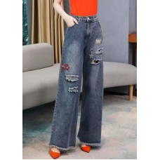 French Denim Blue High Waist Hole Embroideried Pockets Cotton Wide Leg Pants Spring