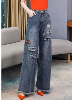 French Denim Blue High Waist Hole Embroideried Pockets Cotton Wide Leg Pants Spring