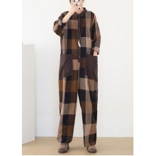 spring big pockets ming Harem cotton brown plus szie  plaid jumpsuit