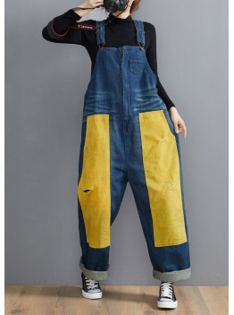 French Denim Blue Jeans women's Spring Patchwork Jumpsuit Pants