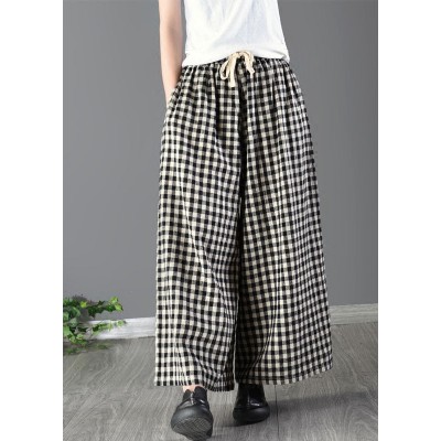 Casual Large Plaid Elastic Waist Linen Wide Leg Pants Summer