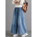 Organic Light Blue Elastic Waist Pockets Cotton Wide Leg Denim Pants Spring