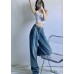 Chic Vintage Blue High Waist Draping Cotton Denim Wide Leg Pants Summer