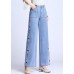 Natural Light Blue Embroideried Pockets Draping Cotton Women's Straight Pants Spring