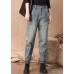 Casual Blue High Waist Button Pockets Patchwork Cotton Denim Pants Summer