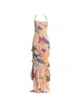 MORPHEW COLLECTION Silk & Cotton Antique Patchwork Quilt Gown With Chiffon Ruffled Train