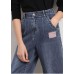 Simple Blue Grey High Waist Patch Zip Up Pockets Cotton Denim Pants Summer