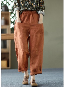 Caramel Solid Linen Harem Pants High Waist Pockets Summer