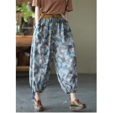 Fashion Blue Elastic waist Pockets Linen Beam Pants Summer