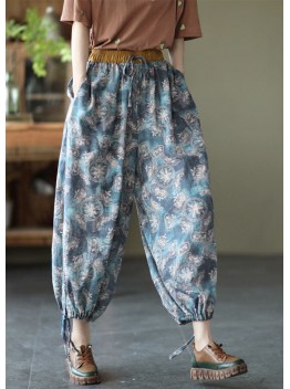 Fashion Blue Elastic waist Pockets Linen Beam Pants Summer
