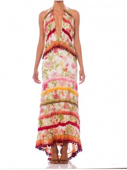 MORPHEW ATELIER Silk Chiffon Vintage 70S Floral Backless Halter Gown With Pom-Pom Trim