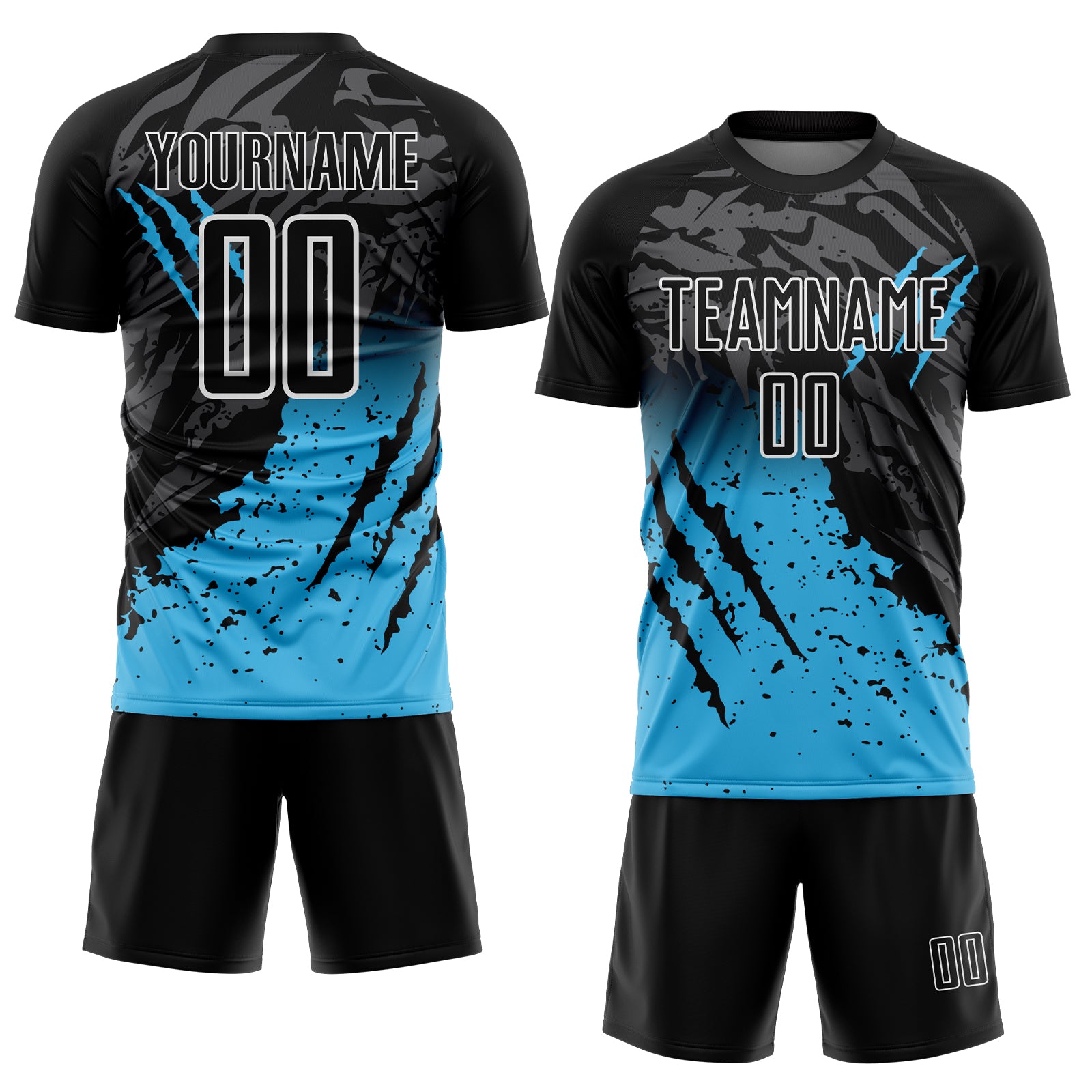 Custom Black Sky Blue-White Gradient Scratch Splash Sublimation Soccer Uniform Jersey