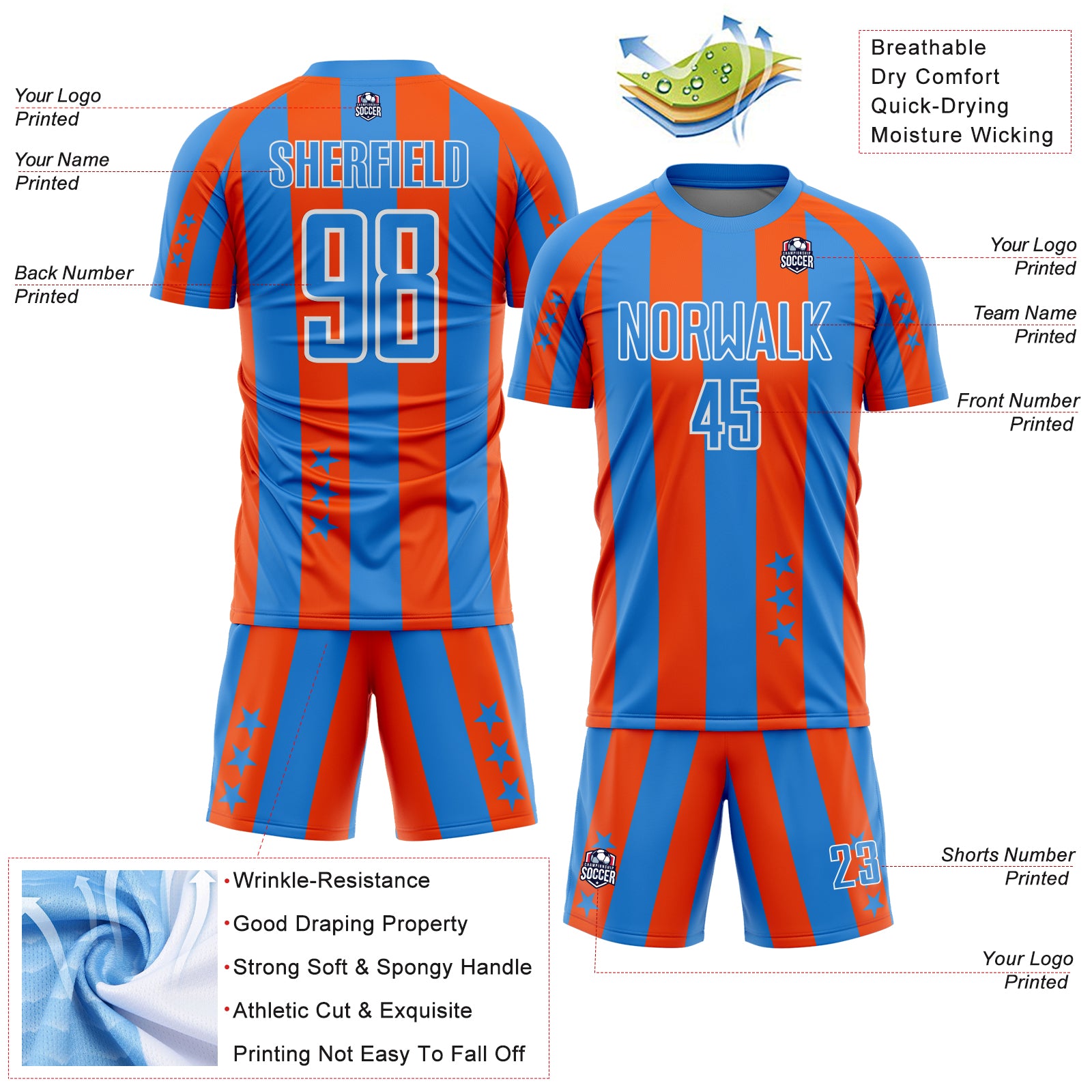 Custom Powder Blue Orange-White Stars And Stripes Sports Sublimation Soccer Uniform Jersey