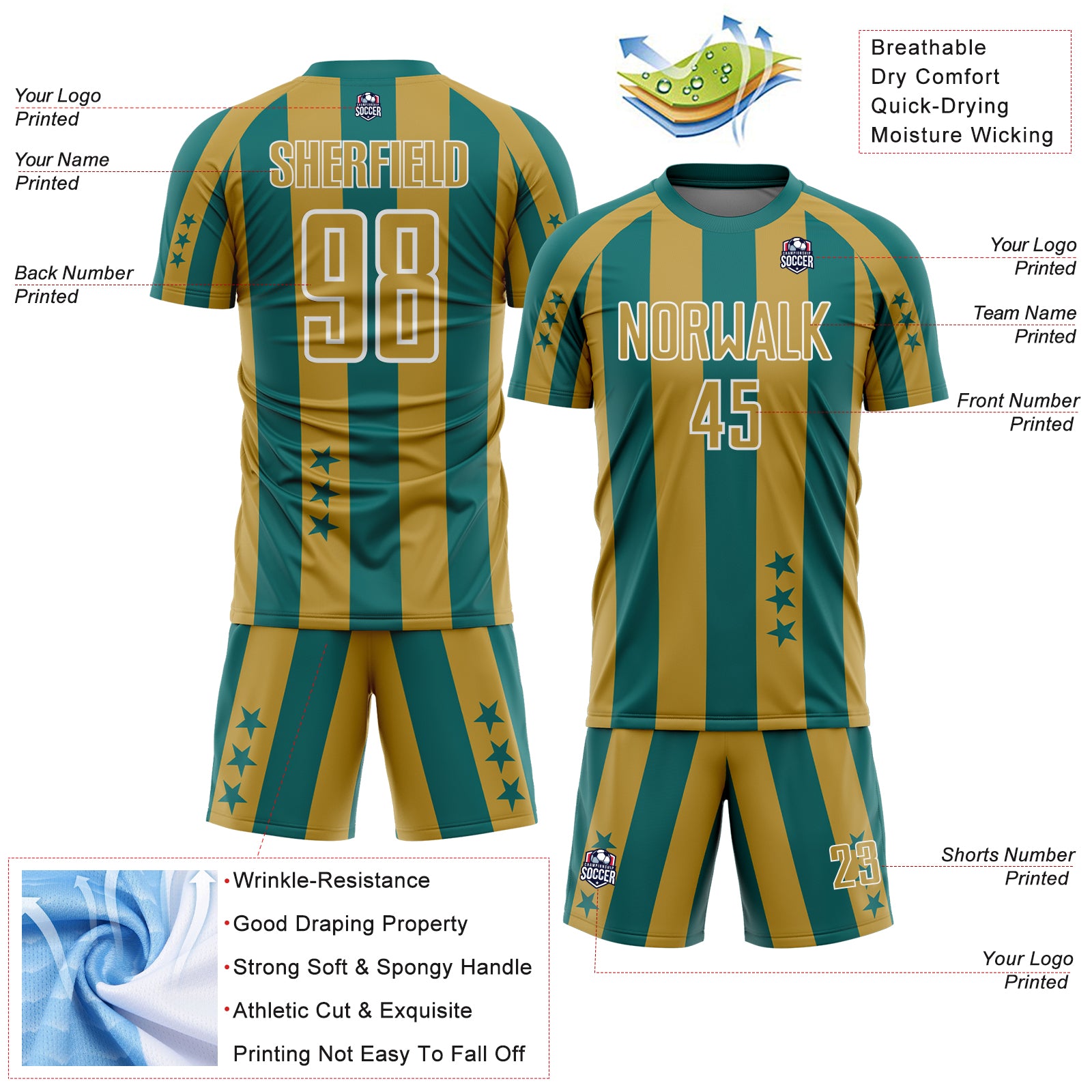 Custom Teal Old Gold-White Stars And Stripes Sports Sublimation Soccer Uniform Jersey