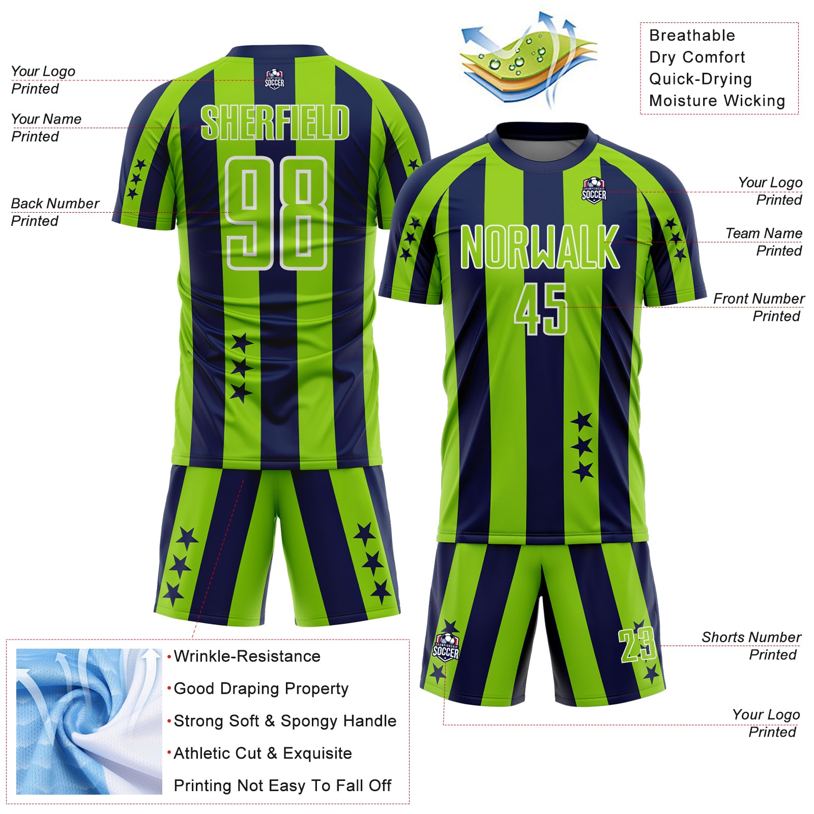 Custom Navy Neon Green-White Stars And Stripes Sports Sublimation Soccer Uniform Jersey