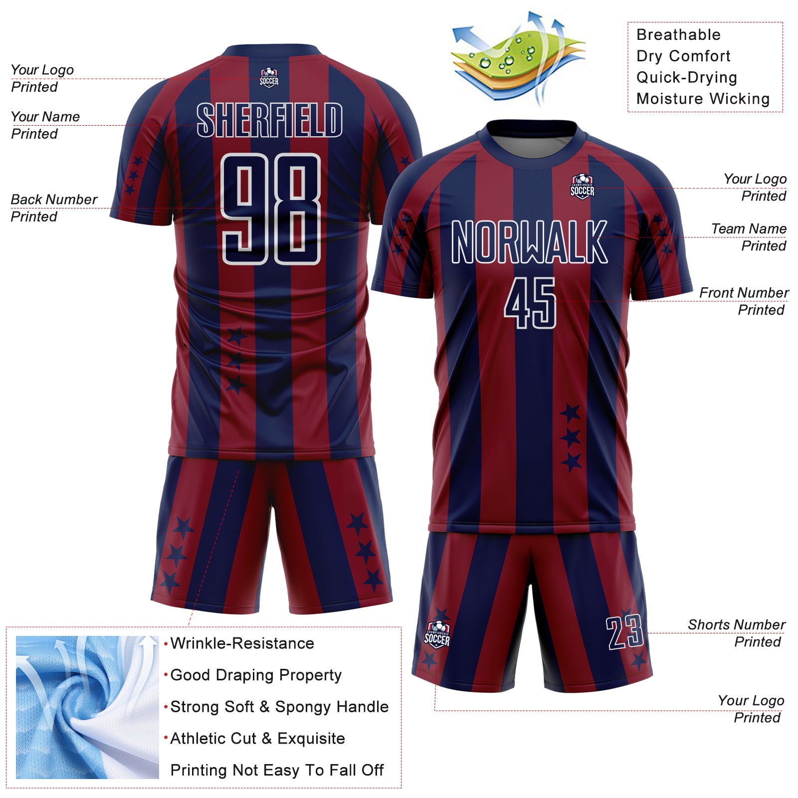 Custom Navy Crimson-White Stars And Stripes Sports Sublimation Soccer Uniform Jersey