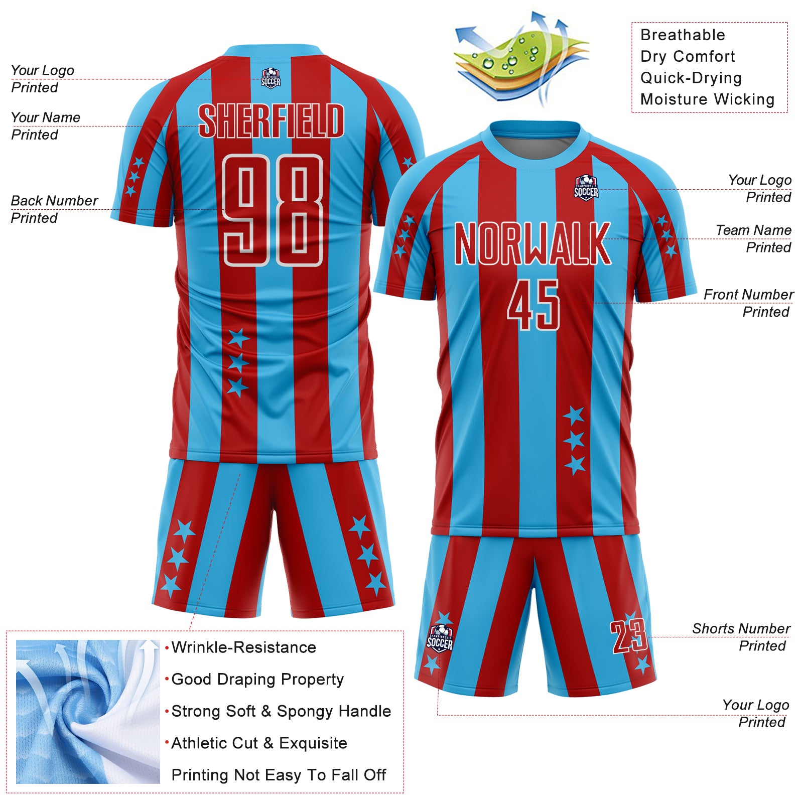 Custom Sky Blue Red-White Stars And Stripes Sports Sublimation Soccer Uniform Jersey