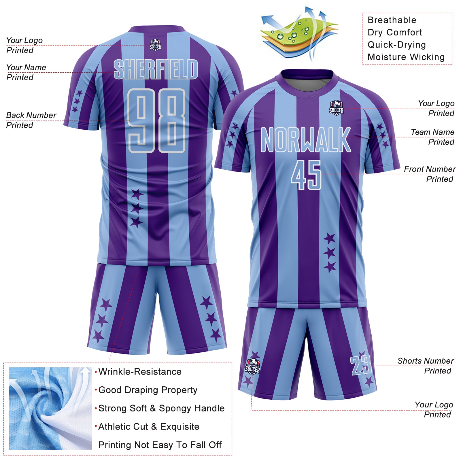 Custom Purple Light Blue-White Stars And Stripes Sports Sublimation Soccer Uniform Jersey