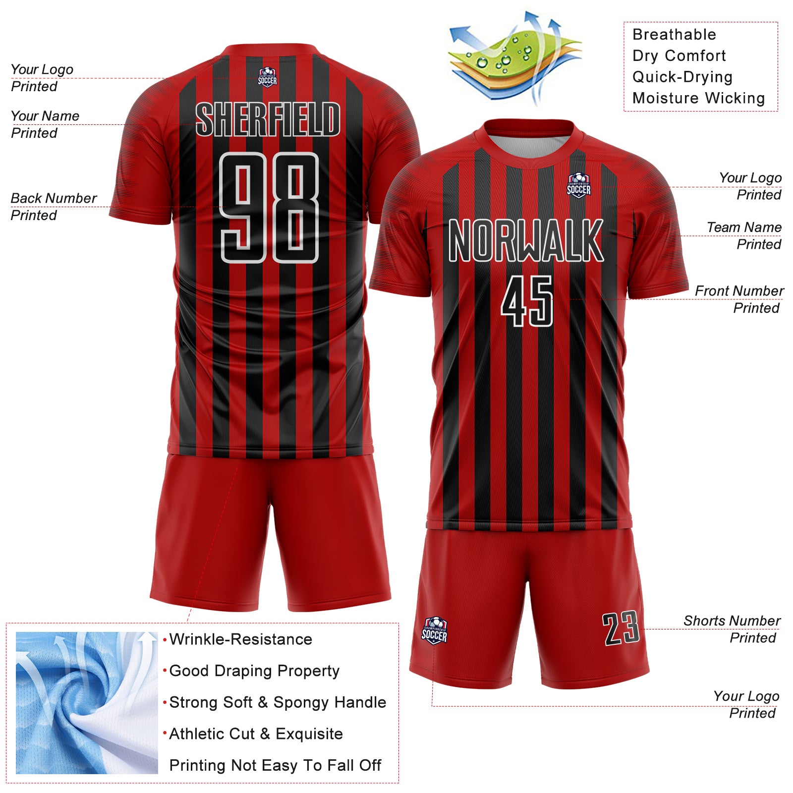 Custom Red Black-White Stripe Sports Sublimation Soccer Uniform Jersey
