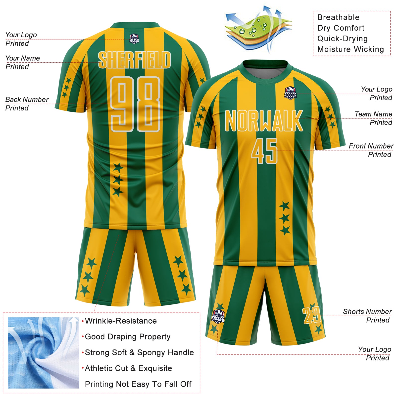 Custom Kelly Green Gold-White Stars And Stripes Sports Sublimation Soccer Uniform Jersey
