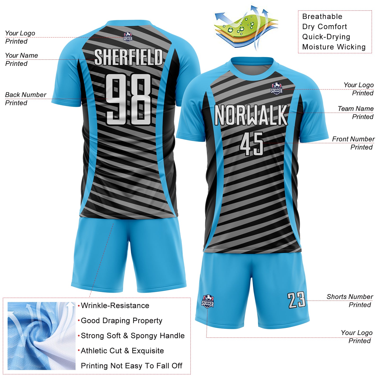 Custom Sky Blue White-Black Stripe Line Sublimation Soccer Uniform Jersey